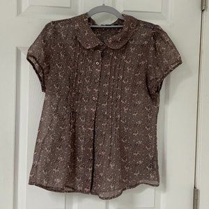 Light Sheer Button Up Blouse Grey with flower pattern
